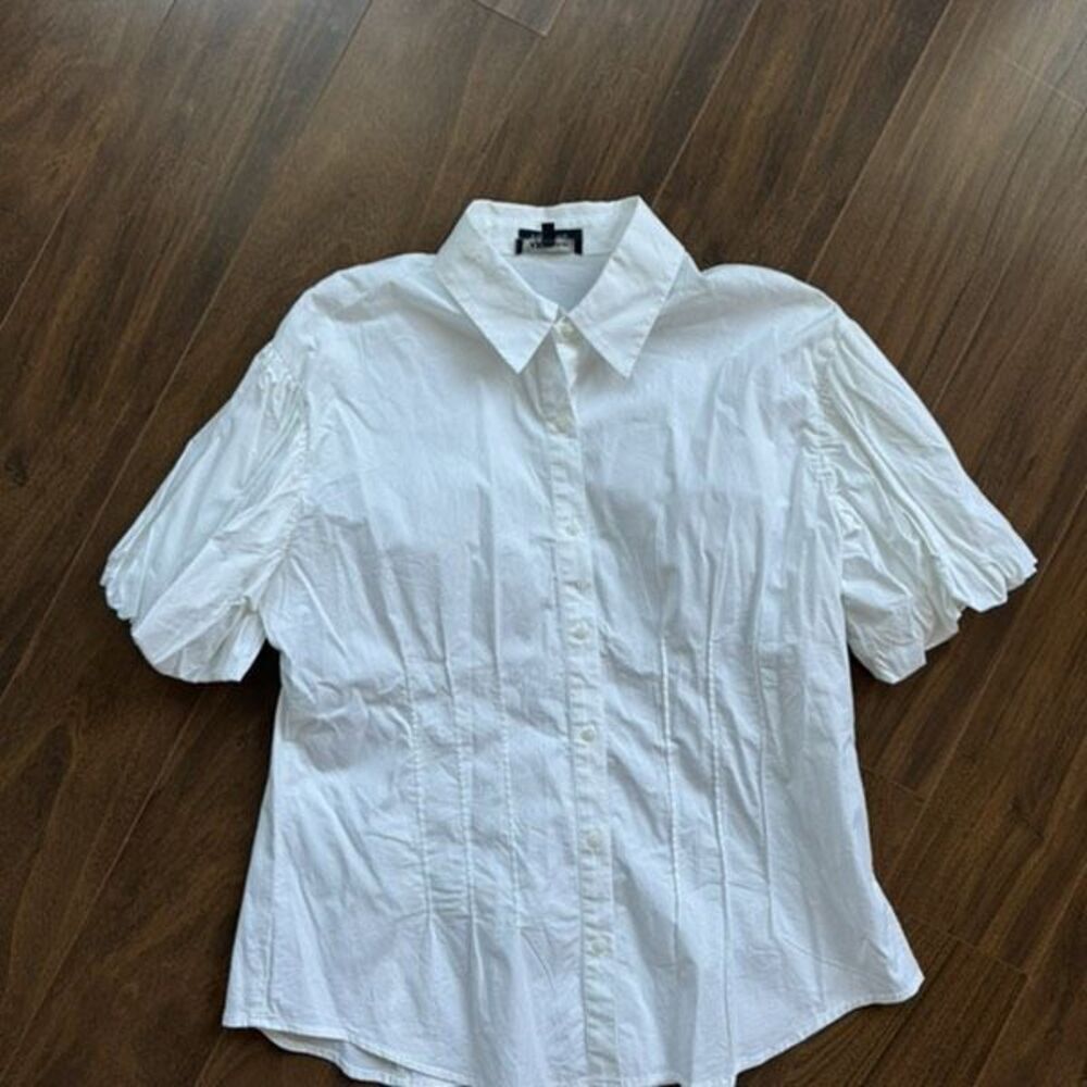 Anne Klein 14 white, short-sleeve button-down blouse with puffed sleeves